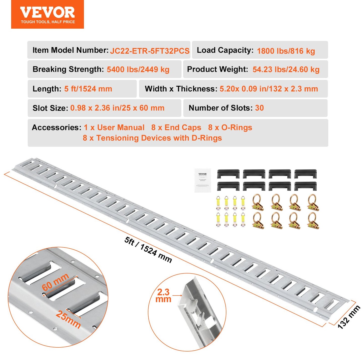E Track Tie-Down Rail Kit, 34PCS 5FT E-Tracks Set Includes 8 Steel Rails & 2 Single Slot & 8 O Rings & 8 Tie-Offs , Securing Accessories For Cargo, Motorcycles, And Bikes