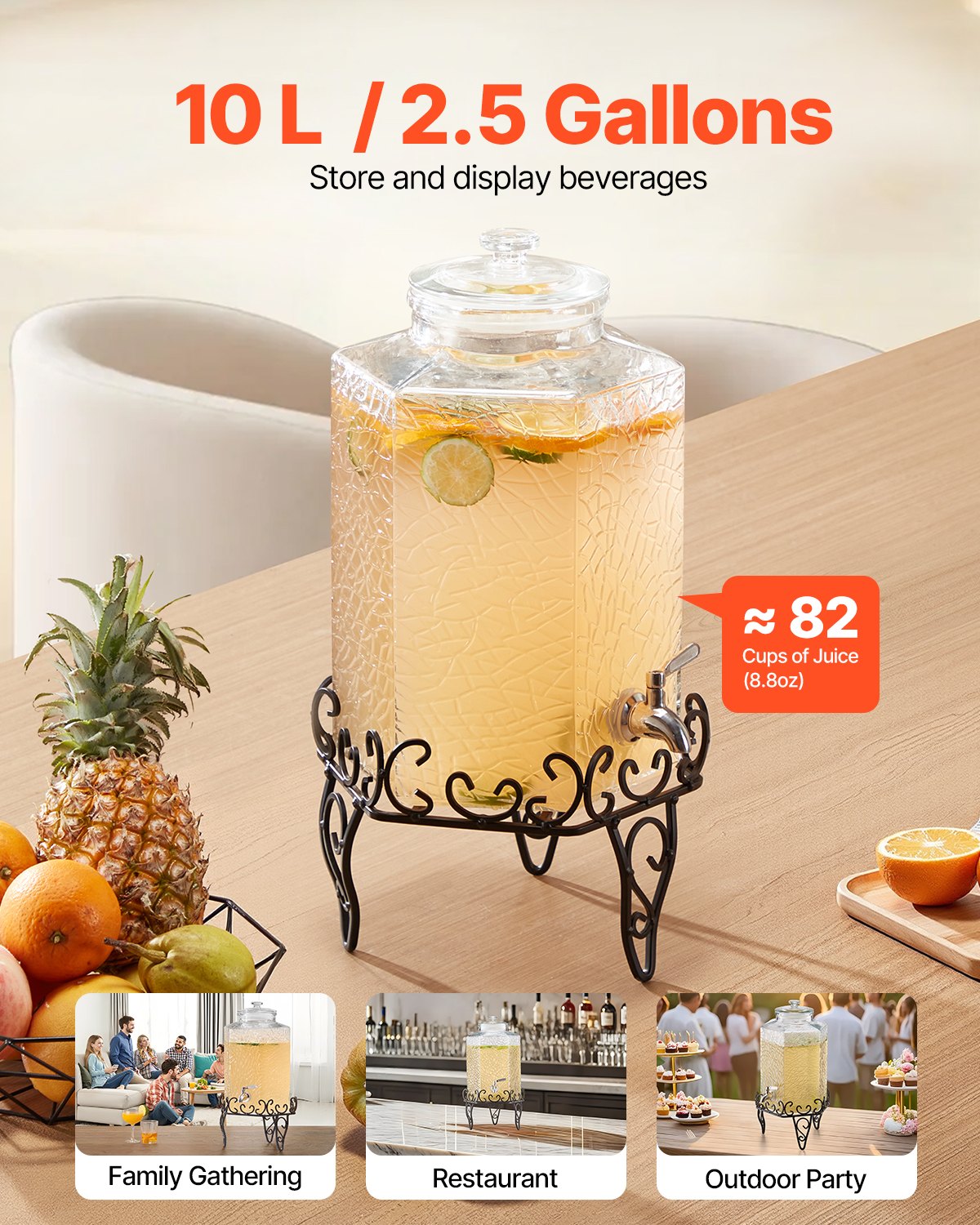 Beverage Dispenser, 2.5 Gallon Drink Dispensers For Parties, Glass Juice Dispenser With Metal Stand, Stainless Steel Spigot, Iced Tea Lemonade Juice Water Dispensers For Parties
