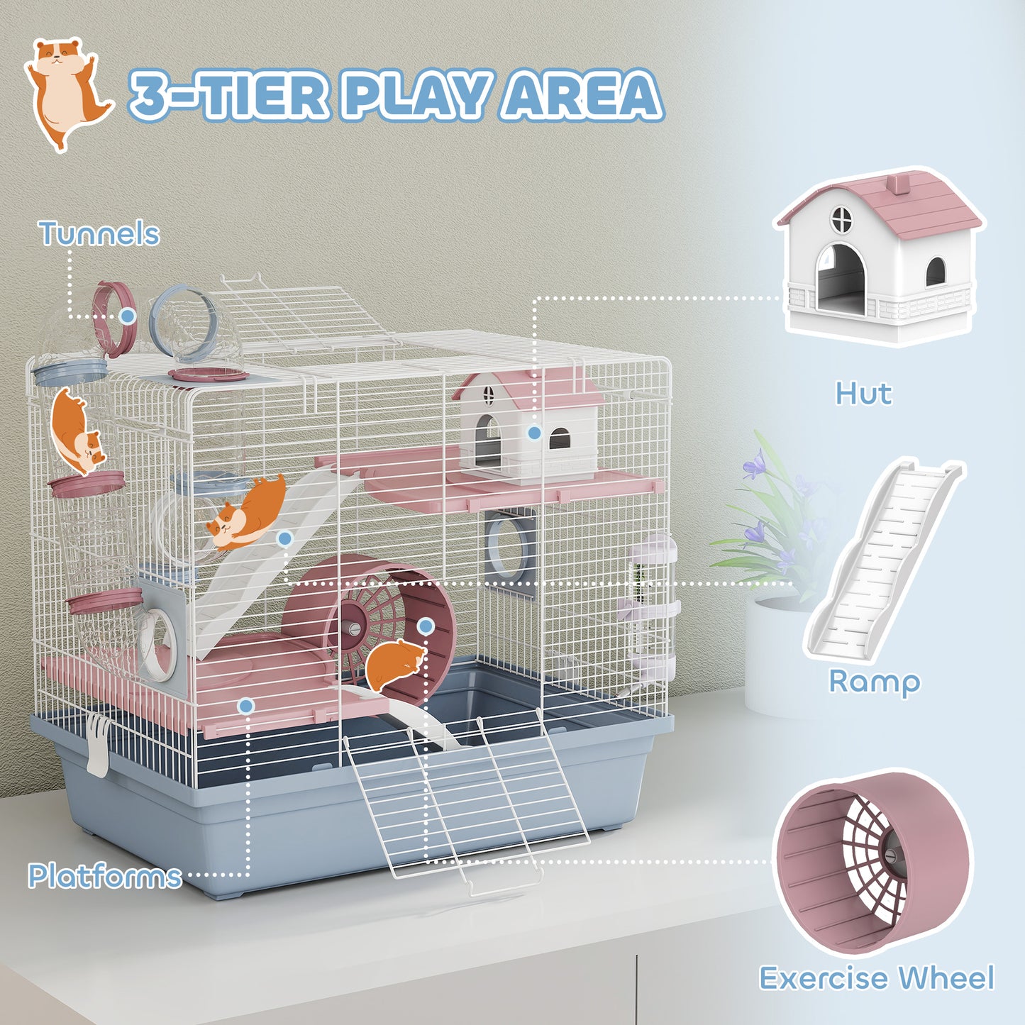 Hamster Cage, 3-Tier Small Animal Cage With Exercise Wheel, Food Bowl, Water Bottle, House, Tunnels, Ramps