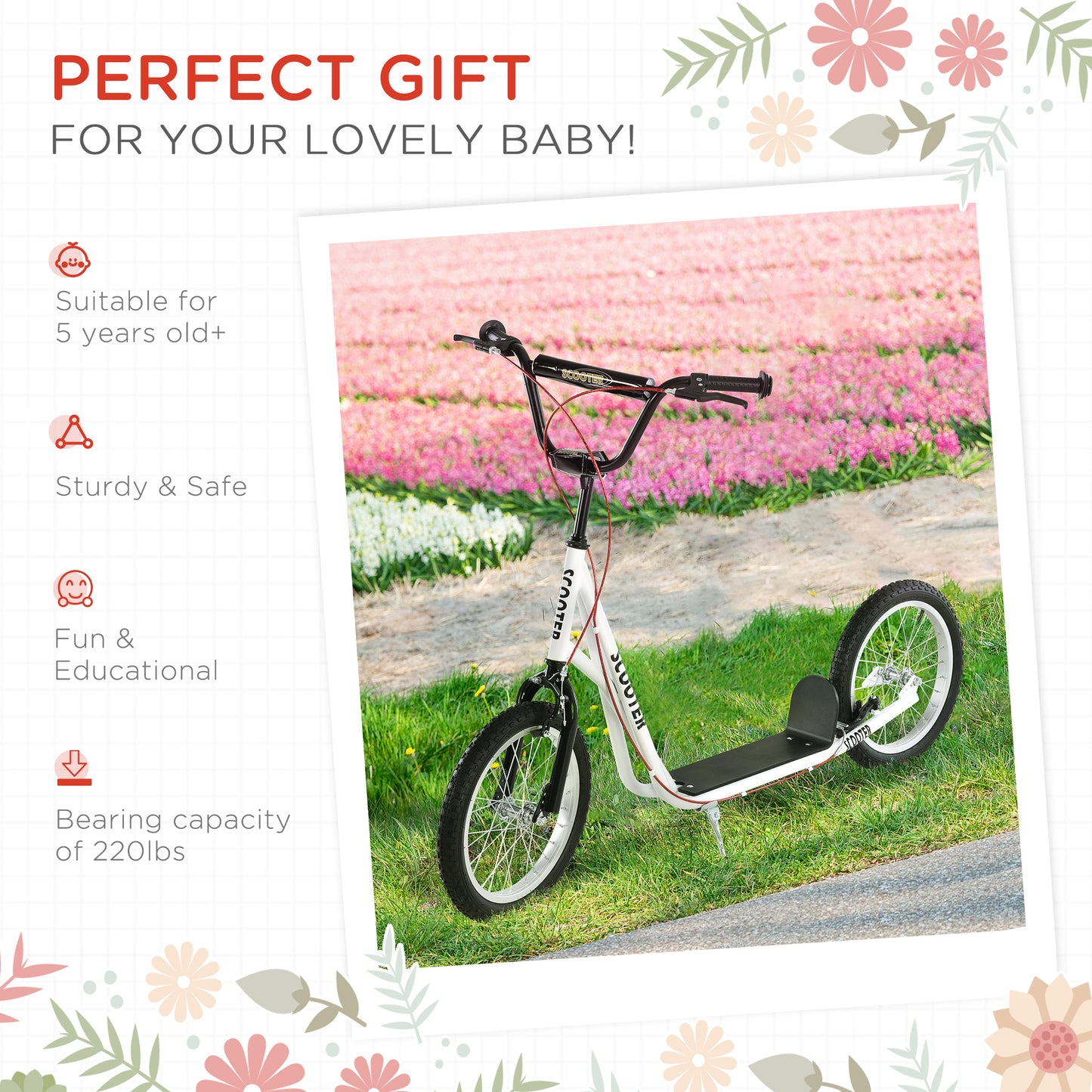Youth Scooter Kick Scooter For Kids 5+ With Adjustable Handlebar Front And Rear Dual Brakes Inflatable Wheels, White