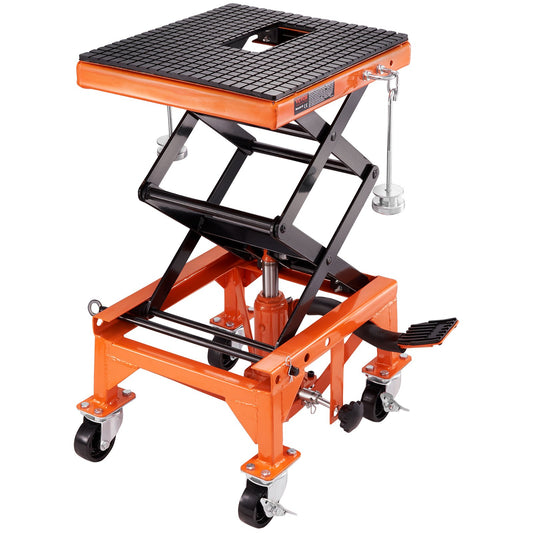 Hydraulic Motorcycle Lift Table, 350 LBS Capacity Motorcycle Scissor Jack Lift With Wide Deck, J-hooks, 4 Wheels, Hydraulic Foot-Operated Jack Stand For ATV Dirt Bikes