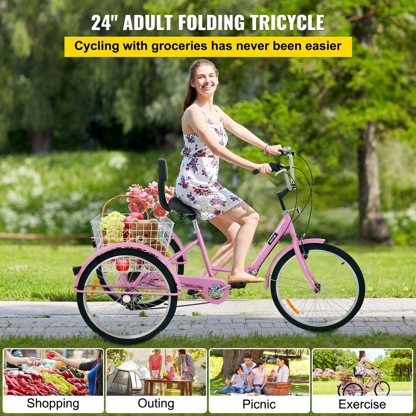 Tricycle Adult 24’’ Wheels Adult Tricycle 7-Speed 3 Wheel Bikes For Adults Three Wheel Bike For Adults Adult Trike Adult Folding Tricycle Foldable Adult Tricycle 3 Wheel Bike Trike Foldable Pink