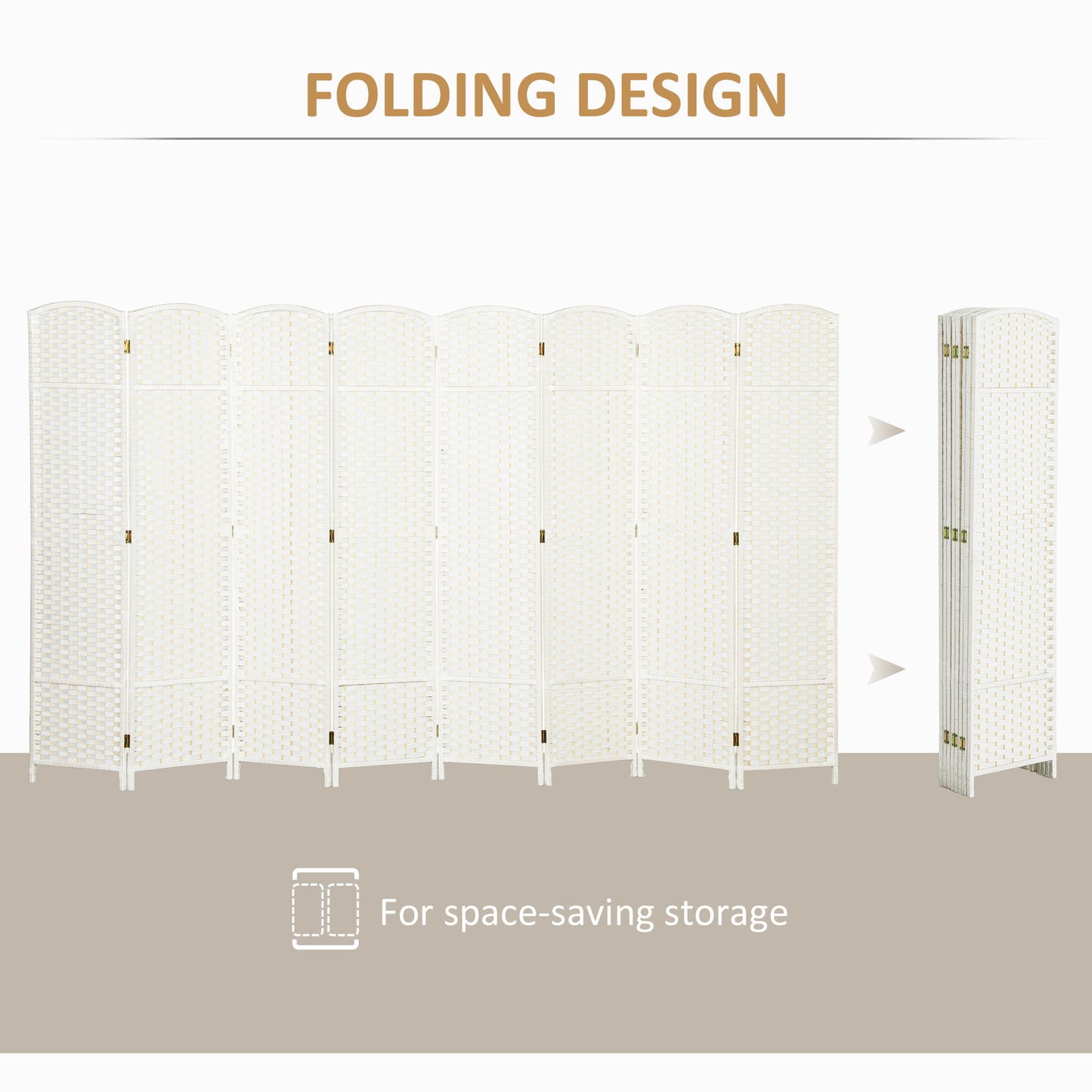 Folding Room Divider Screen 8 Panel 5.6 ' Tall Privacy Screen Freestanding Room Partition for Home Office, White