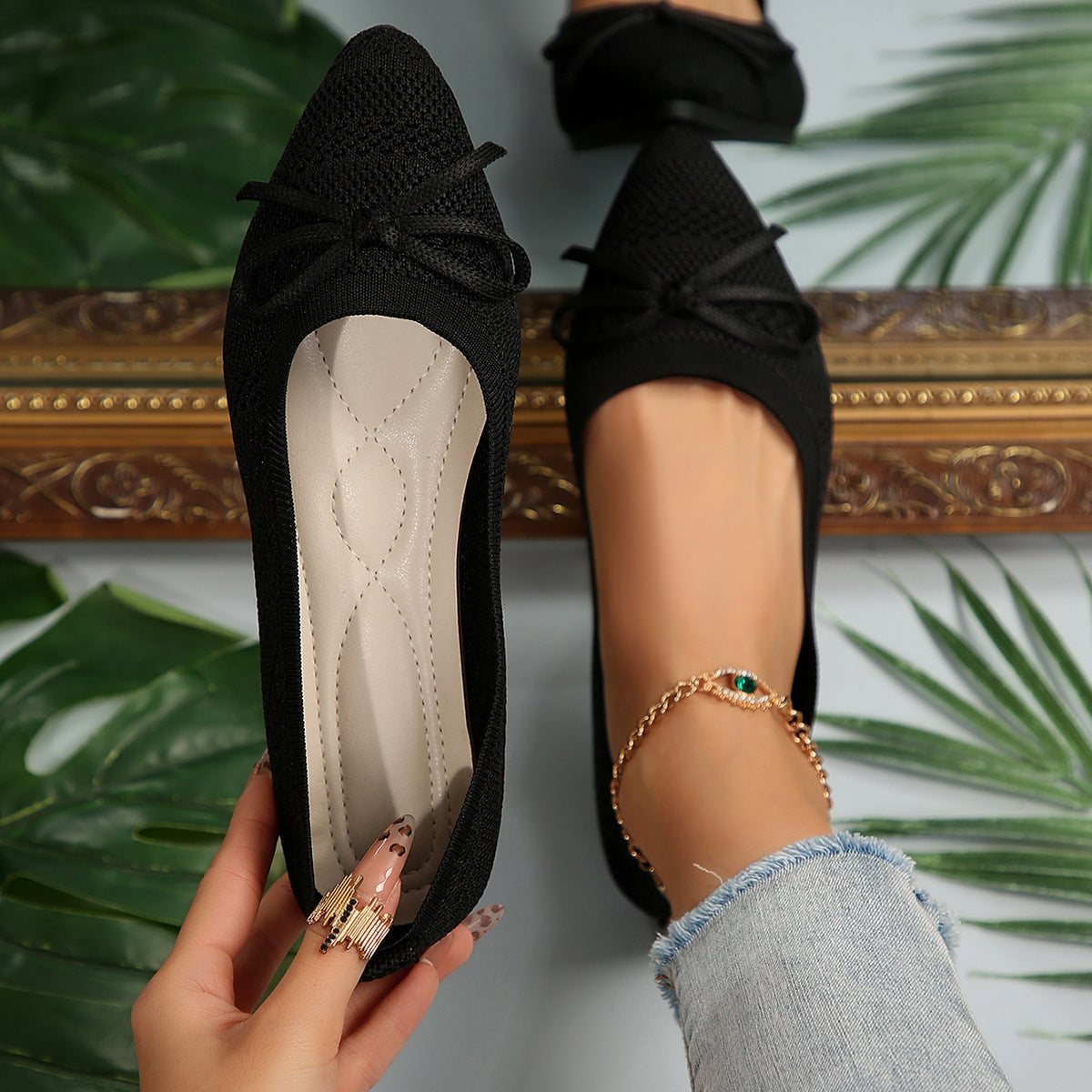 Bow Knitted Loafers Ins Fashion Pointed-toed Flats Shoes For Women