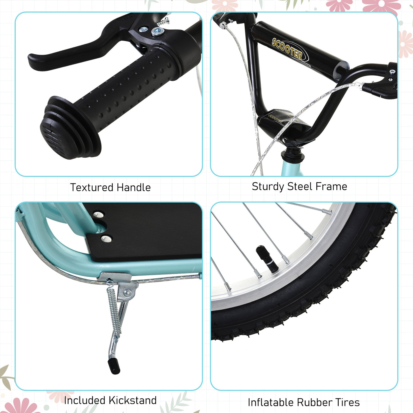 Youth Scooter Kick Scooter For Kids 5+, Max Load 220 LBS., With Adjustable Handlebar, 16" Inflatable Wheels, Dual Brakes, Blue