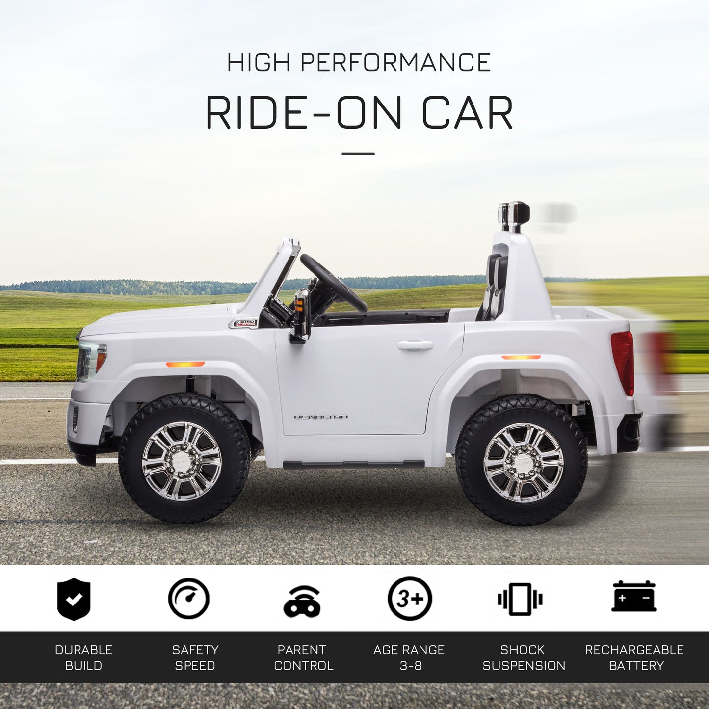 12V Battery Kids GMC Sierra HD Ride On Toy With Remote Control, Bright Headlights & Working Suspension - White