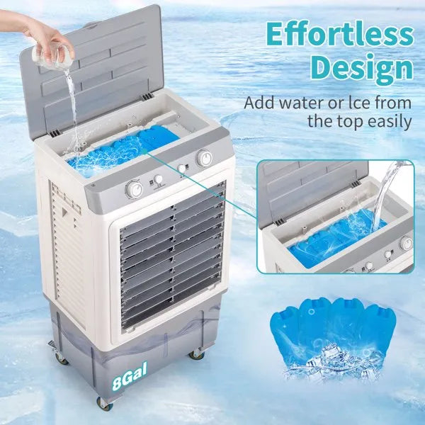3 In 1 Portable Evaporative Cooler,Indoor,Outdoor,2353CFM Personal Air Cooler,7.9 Gal Large Water Tank & Scroll Casters, 4 Ice Packs,White, Manual Control
